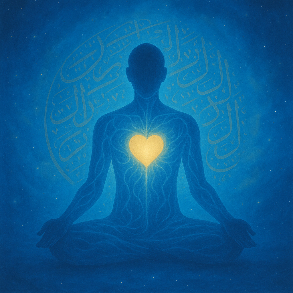 Sosok meditasi bercahaya biru dengan hati emas yang bersinar, dikelilingi kaligrafi Arab dan langit malam